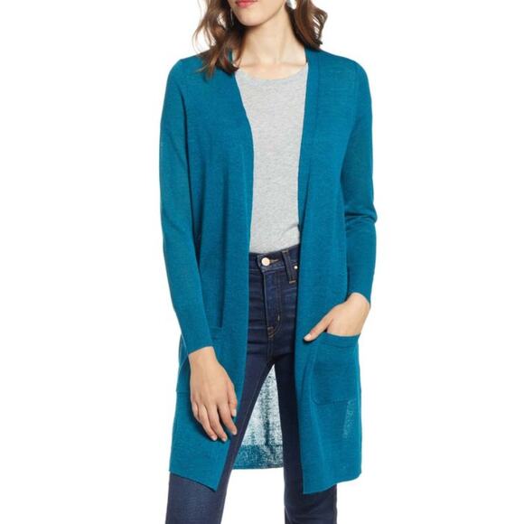 HALOGEN Long Cardigan V-Neck Sweater Button Front Lightweight Blue Womens Size M - Picture 1 of 9